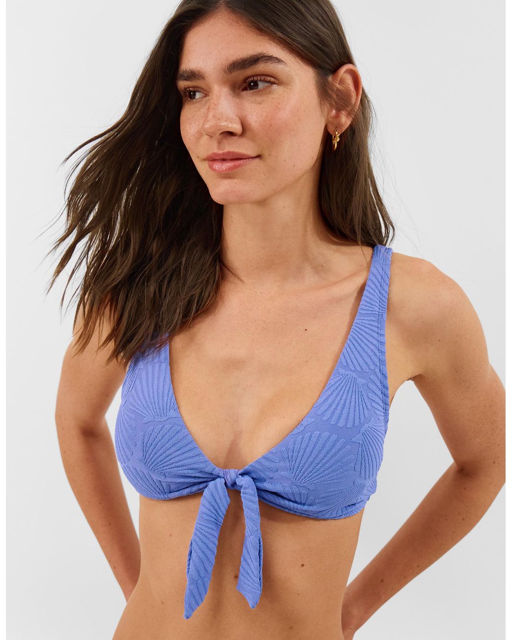 Accessorize Blue Shell Embossed Tie Bikini Top