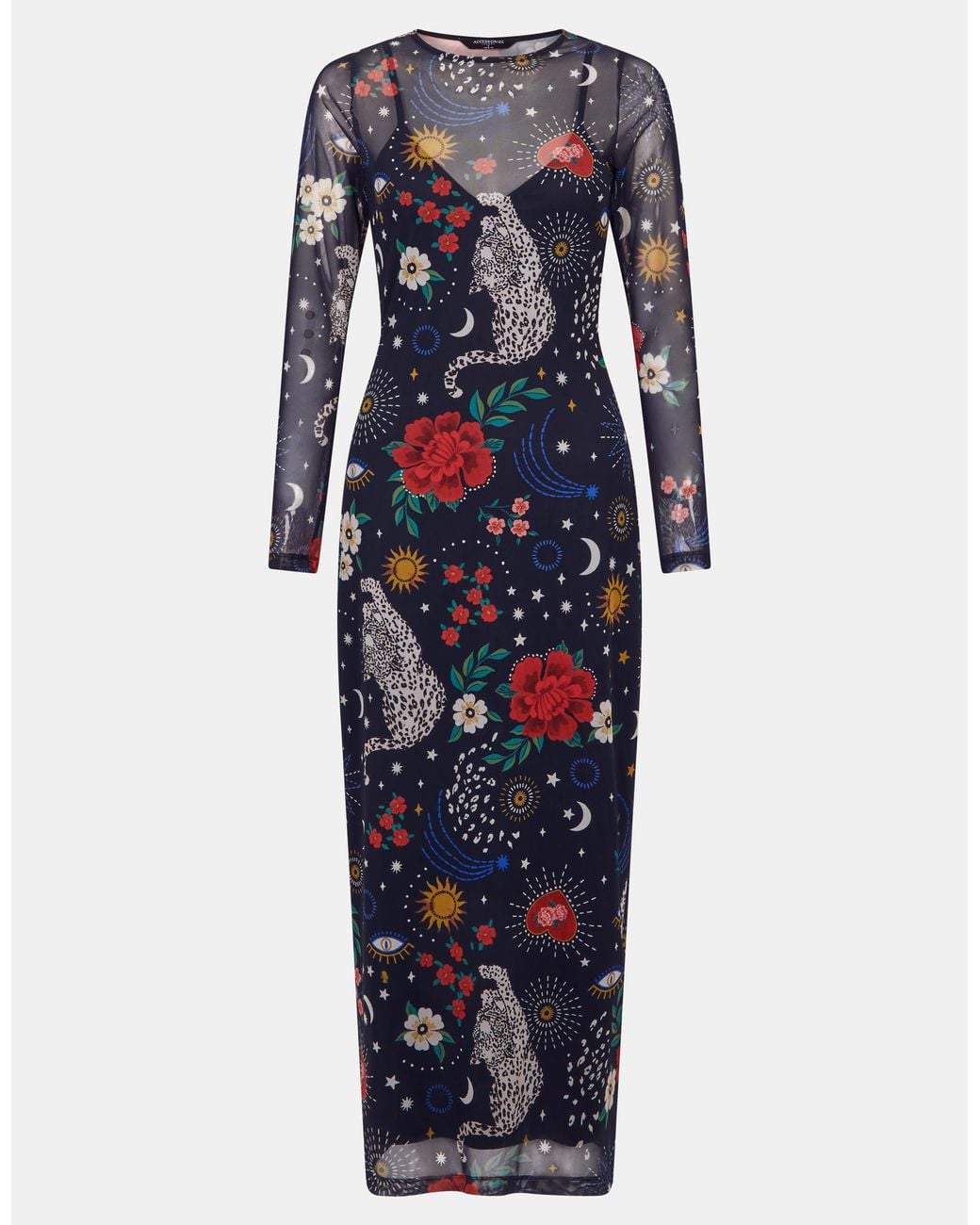 Accessorize Blue Celestial Print Mesh Maxi Dress