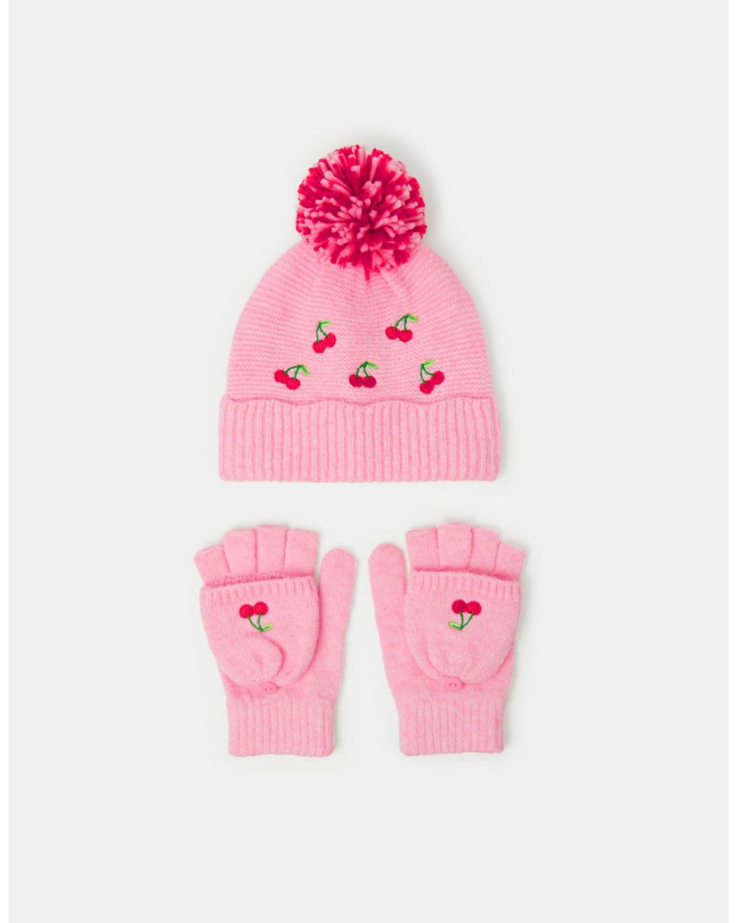 Accessorize Pink Cherry Bobble Hat & Gloves Set