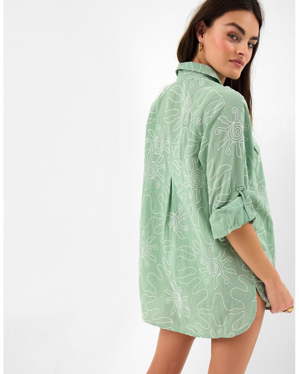 Accessorize Green Cotton Sun Embroidered Beach Cover Up Shirt