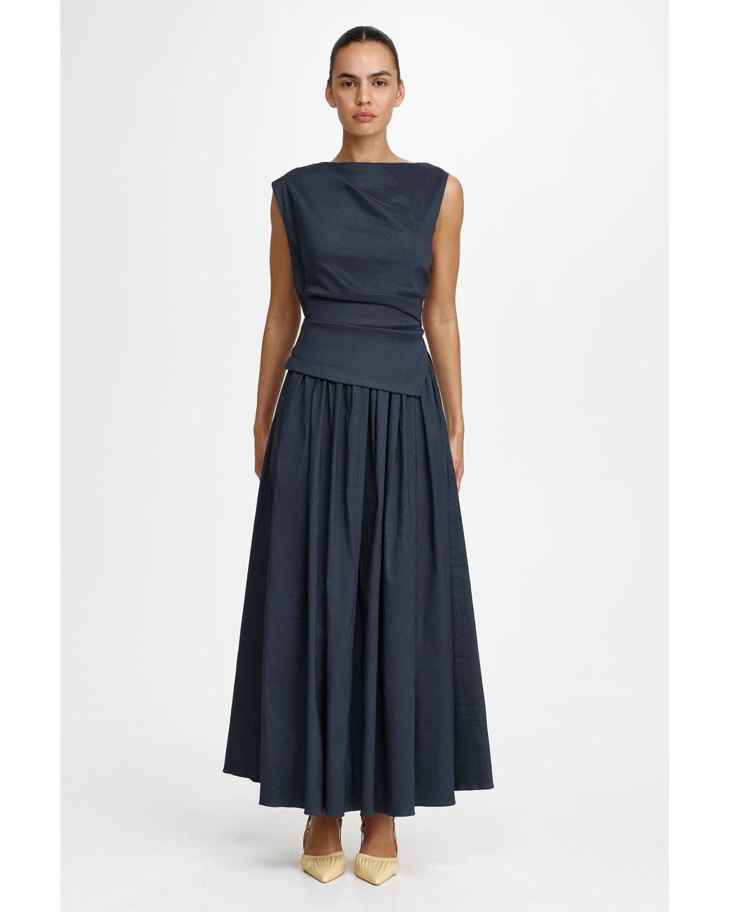 Acler Blue Robakker Maxi Dress By Stretch Dupion Fabrication, Full Length Sleeveless Maxi Dress For