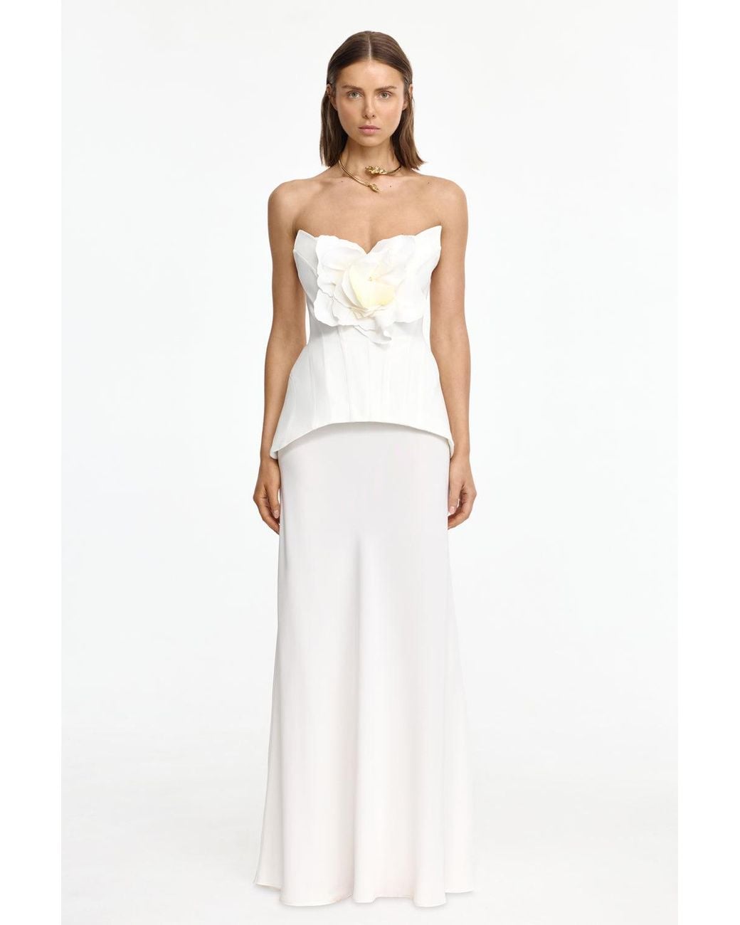 Acler White Bankson Maxi Dress For Structured Crepe Fabric, Fitted Bodice, 3D Floral Appliqué, Au6/Us2