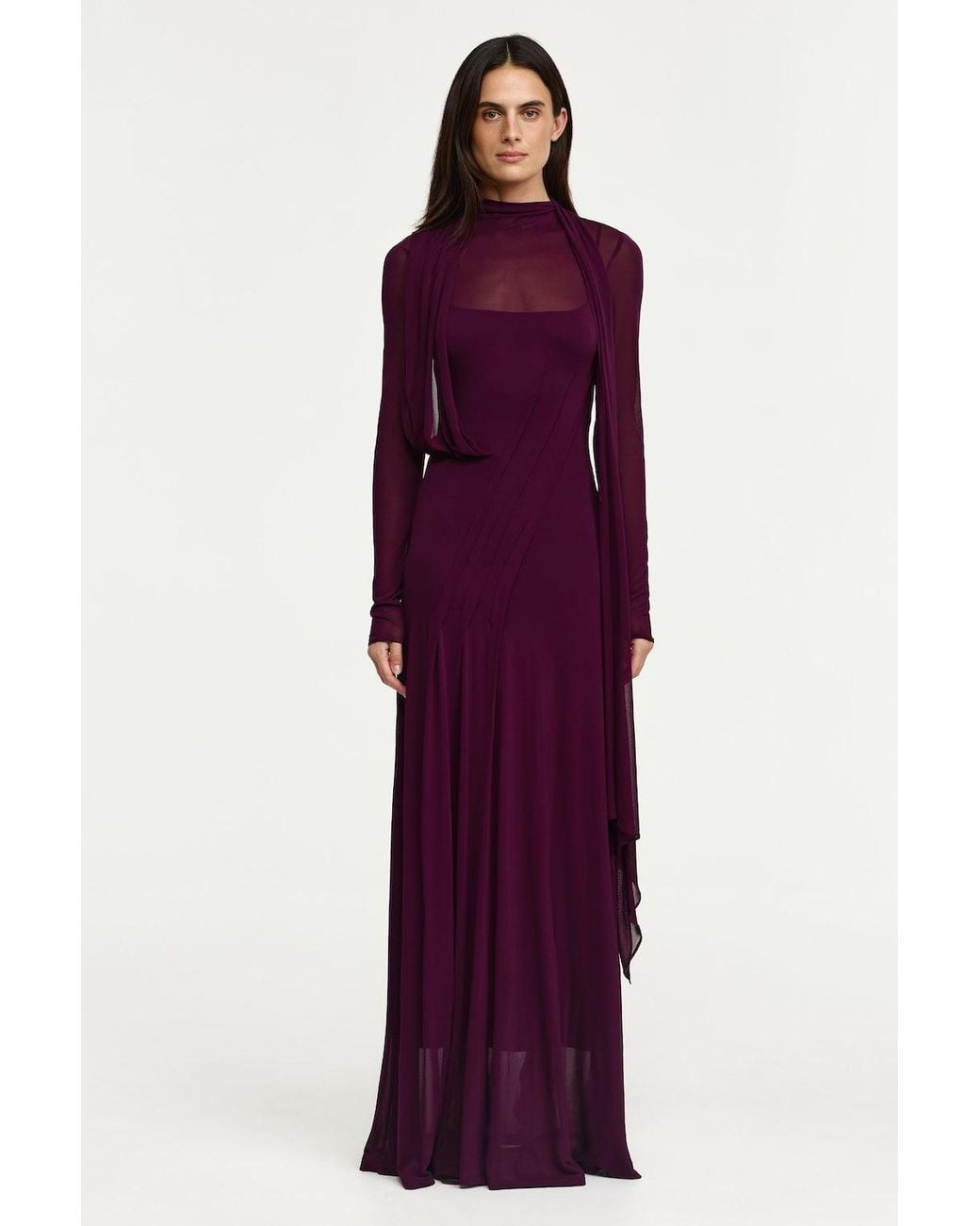 Acler Purple Rea Maxi Dress By Maxi Dress, Sheer Stretch Knit, Centreback Invisible Zip Closure