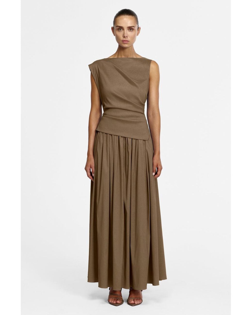 Acler Natural Robakker Maxi Dress By Stretch Dupion Fabrication, Full Length Sleeveless Maxi Dress For