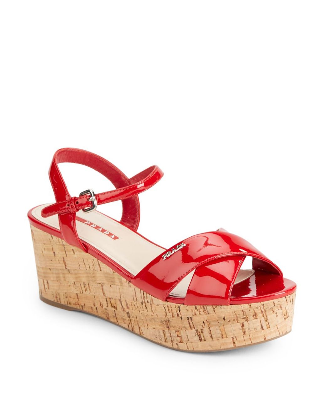 Prada Patent Leather Cork Wedge Sandals in Red | Lyst