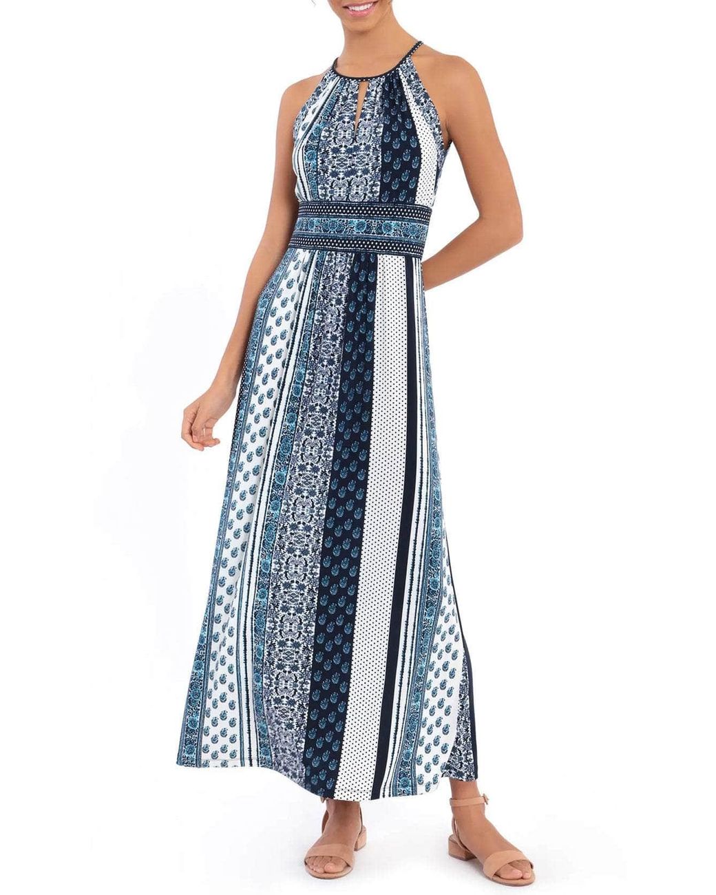 London Times Keyhole Front Print Maxi Dress in Blue | Lyst