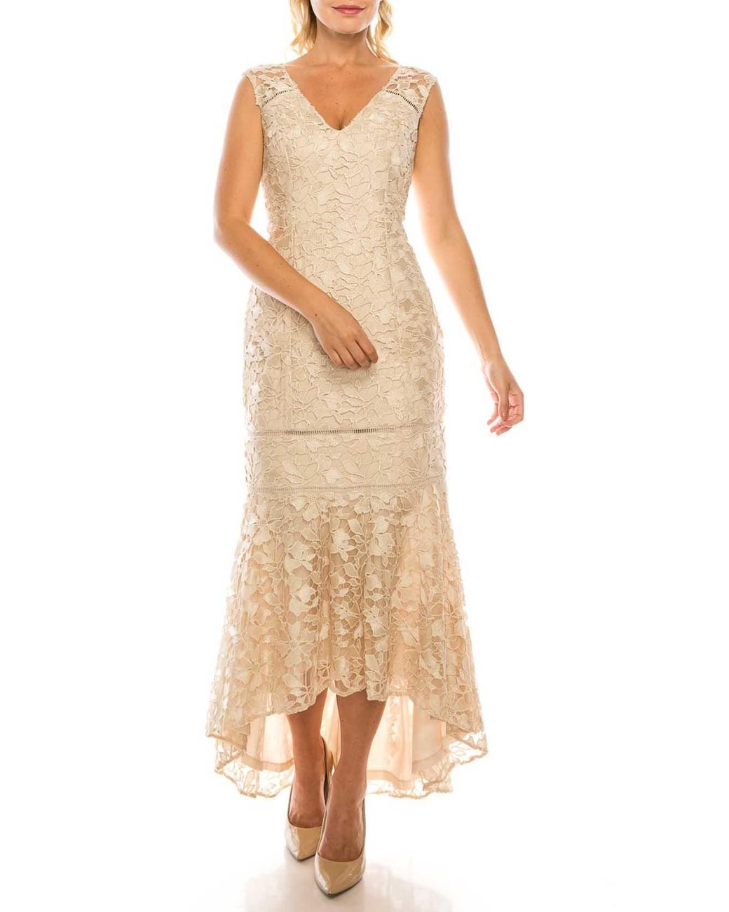 Adrianna Papell Ap1e203392 Lace V-neck Dress in Champagne 