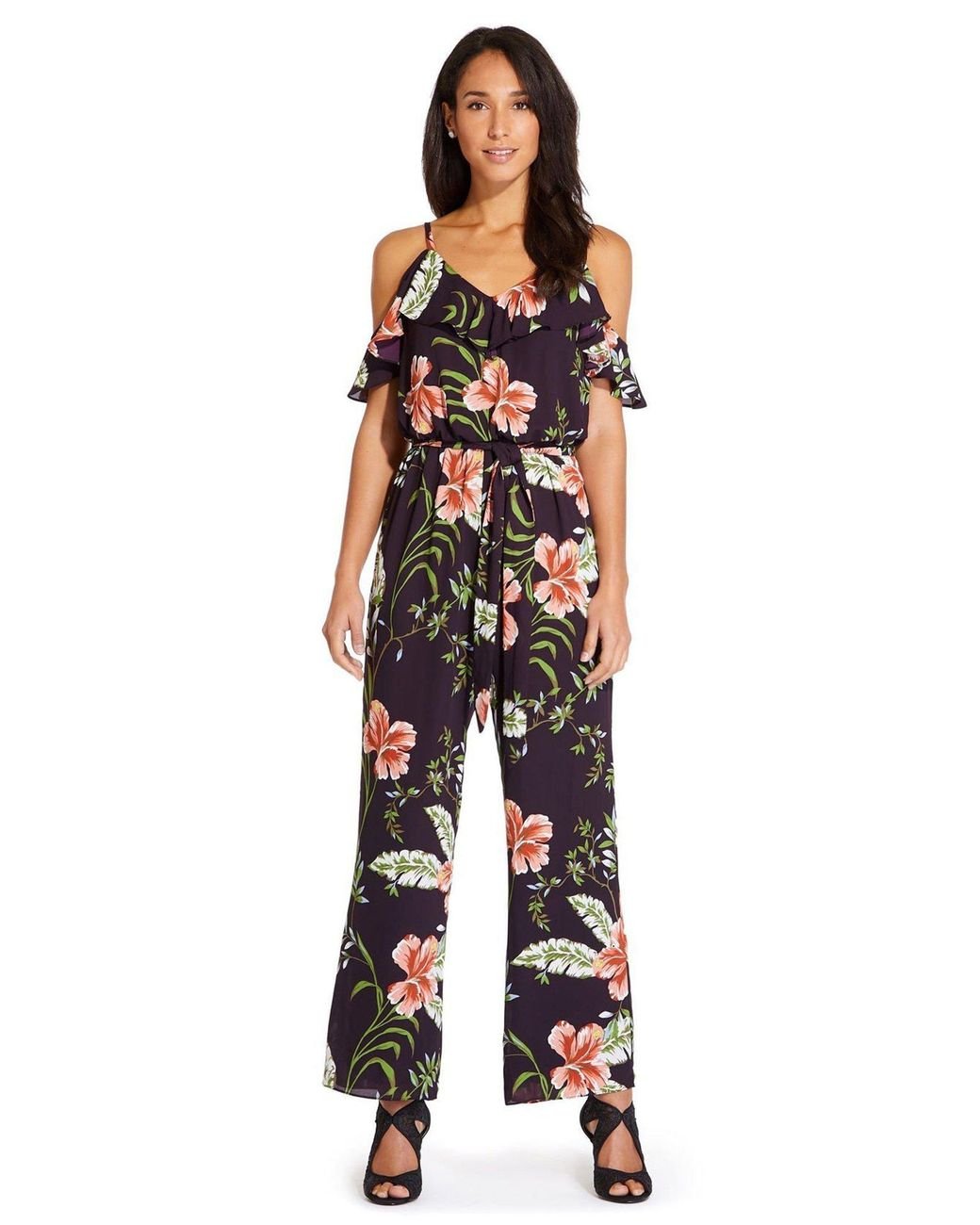 Adrianna Papell Cold Shoulder Floral Printed Jumpsuit in Black - Lyst