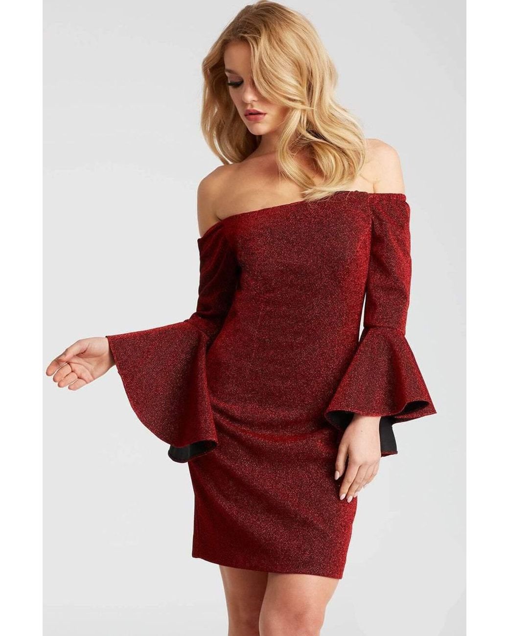 jovani off shoulder bell sleeve gown