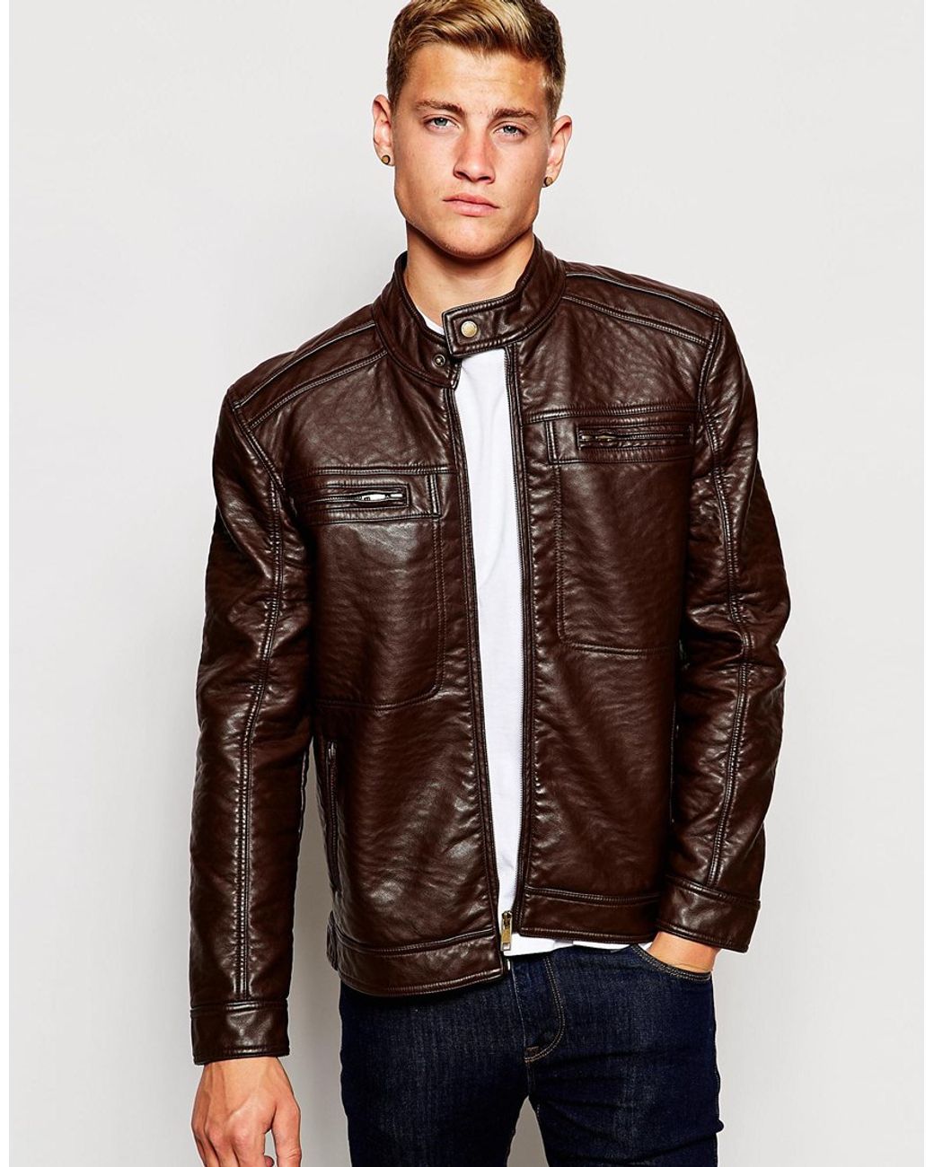 Brave Soul Men's Brown Premium Faux Leather Biker Jacket