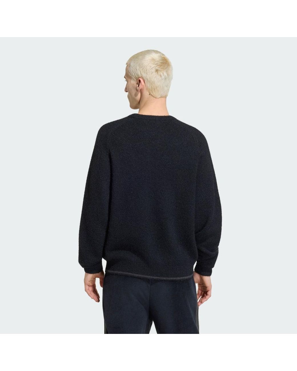 Adidas Blue 3 Stripes Fluffy Knit Crew Sweatshirt for men