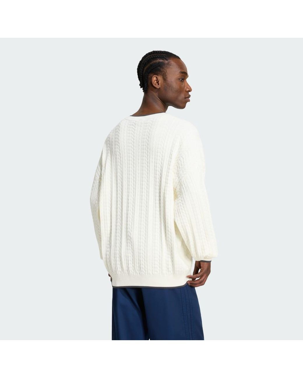 Adidas White Cable Knit V-Neck Sweatshirt for men