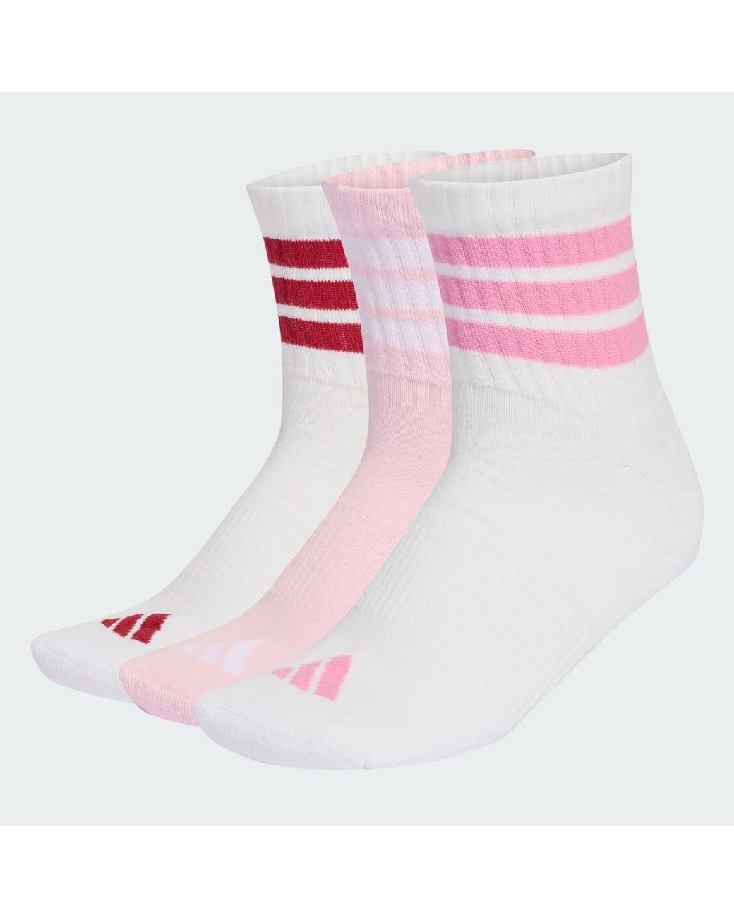 Adidas Pink 3 Stripes Cushioned Sportswear Mid Cut Socks 3 Pair Pack