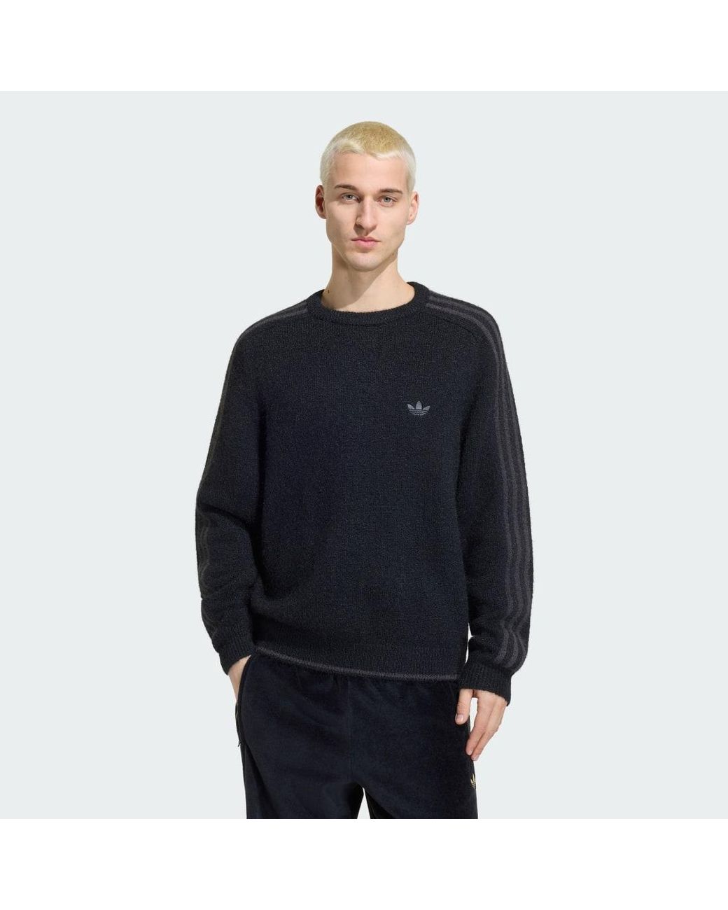 Adidas Blue 3 Stripes Fluffy Knit Crew Sweatshirt for men