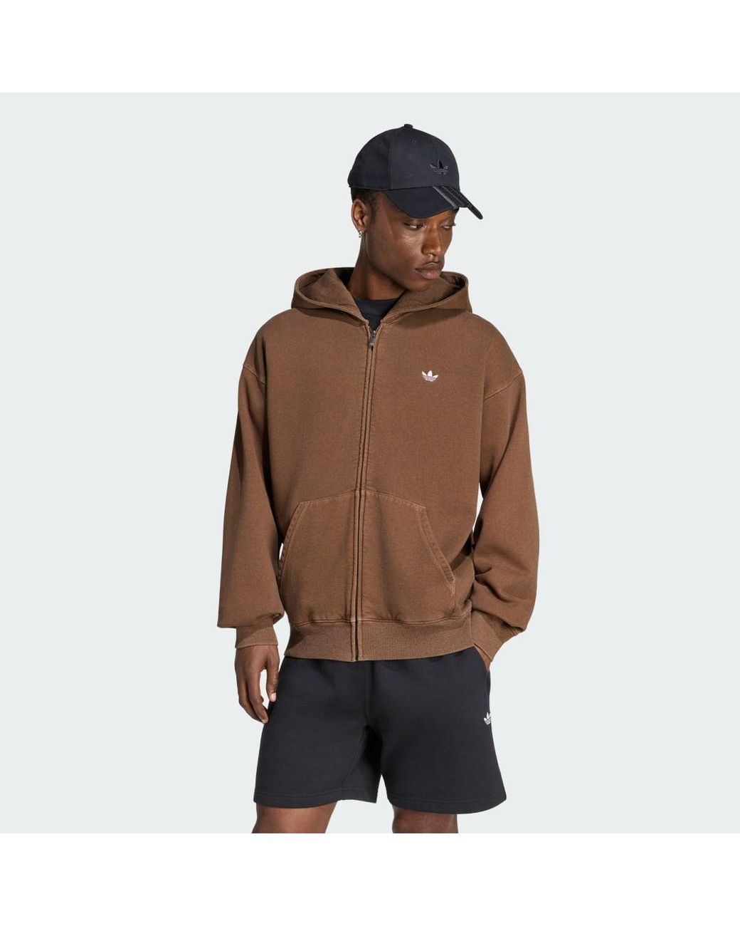 Adidas Originals Brown Trefoil Essentials Washed Full Zip Loose Hoodie for men