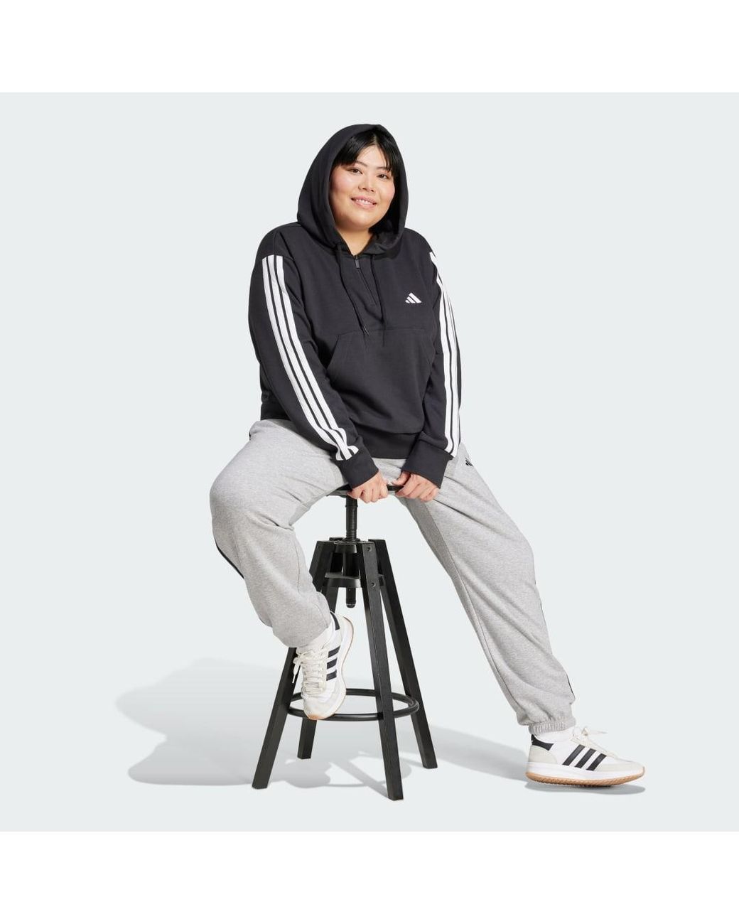 Adidas Originals Black Essentials 3-Stripes French Terry Quarter-Zip Hoodie (Plus Size)