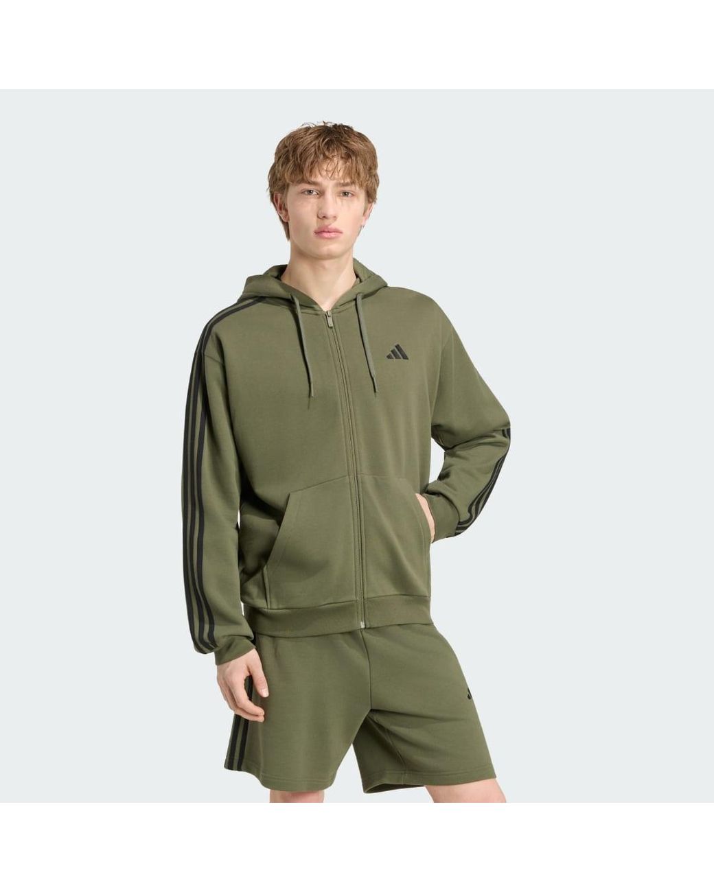 Adidas Green Essentials 3-Stripes French Terry Full-Zip Hoodie for men