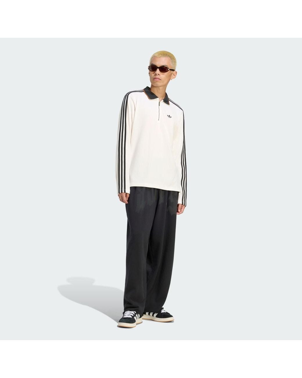 Adidas White 3 Stripes Engineered Rib Long Sleeve Polo Shirt for men