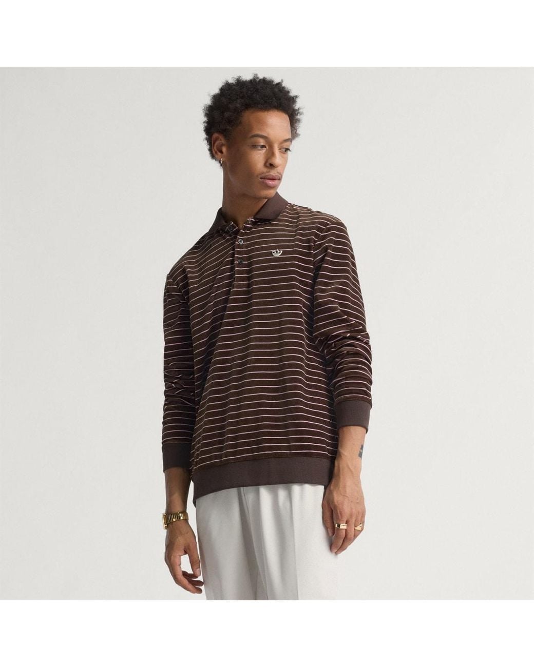 adidas Originals Velour Long Sleeve Polo in Brown for Men | Lyst UK