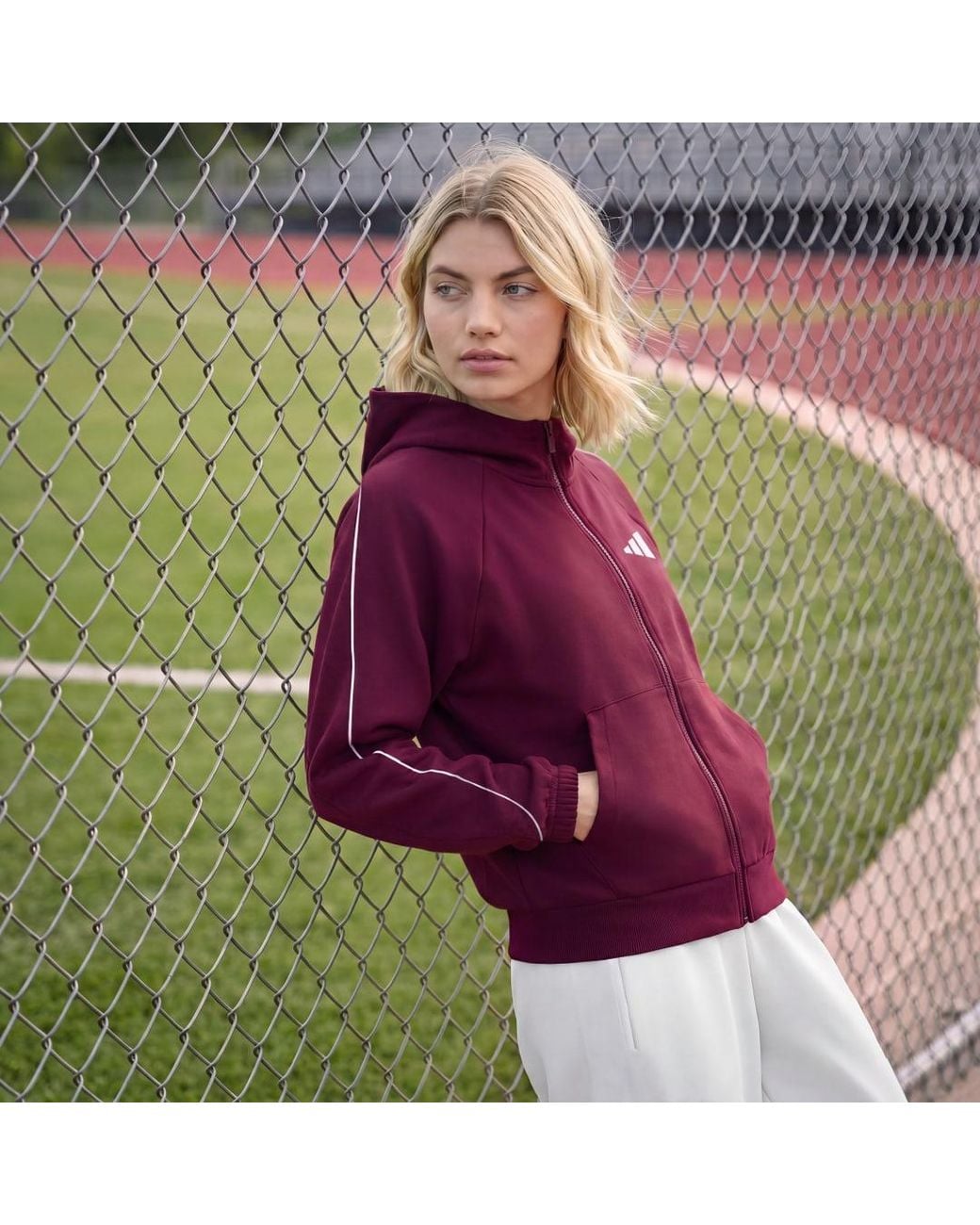 Adidas Red Stadium Small Logo Full Zip Hoodie