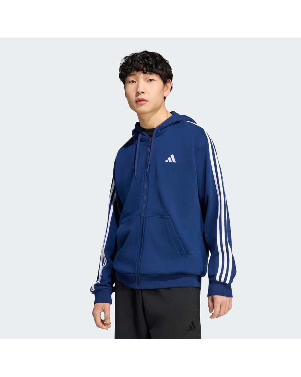 Adidas Blue Essentials 3-Stripes French Terry Full-Zip Hoodie for men