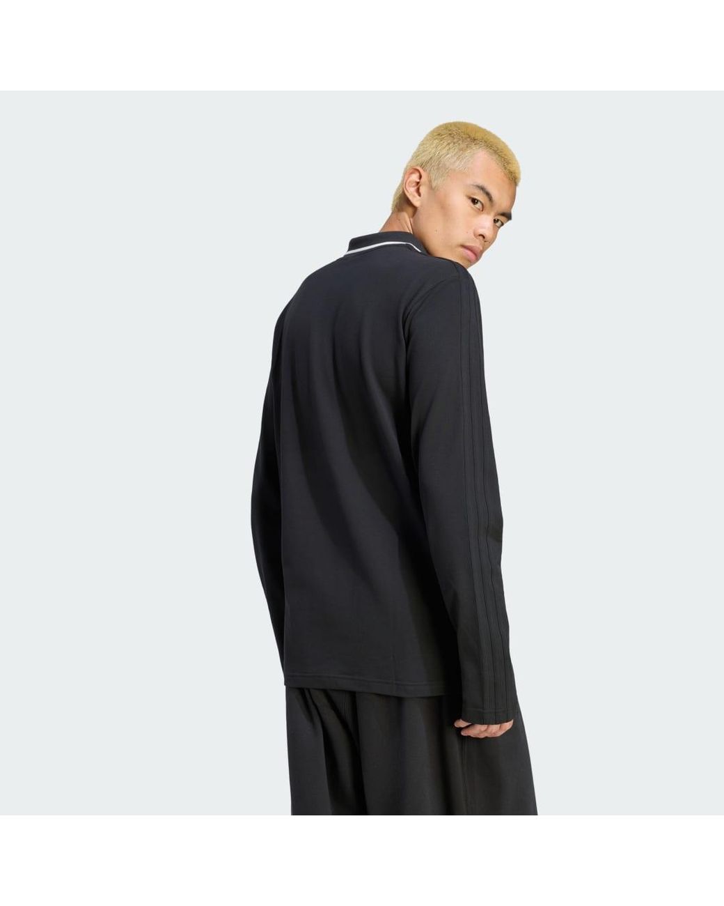 Adidas Black 3 Stripes Engineered Rib Long Sleeve Polo Shirt for men