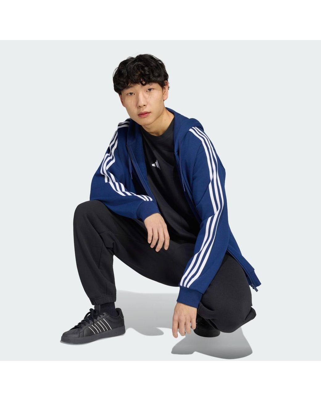 Adidas Blue Essentials 3-Stripes French Terry Full-Zip Hoodie for men