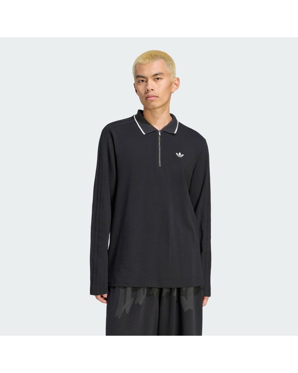 Adidas Black 3 Stripes Engineered Rib Long Sleeve Polo Shirt for men