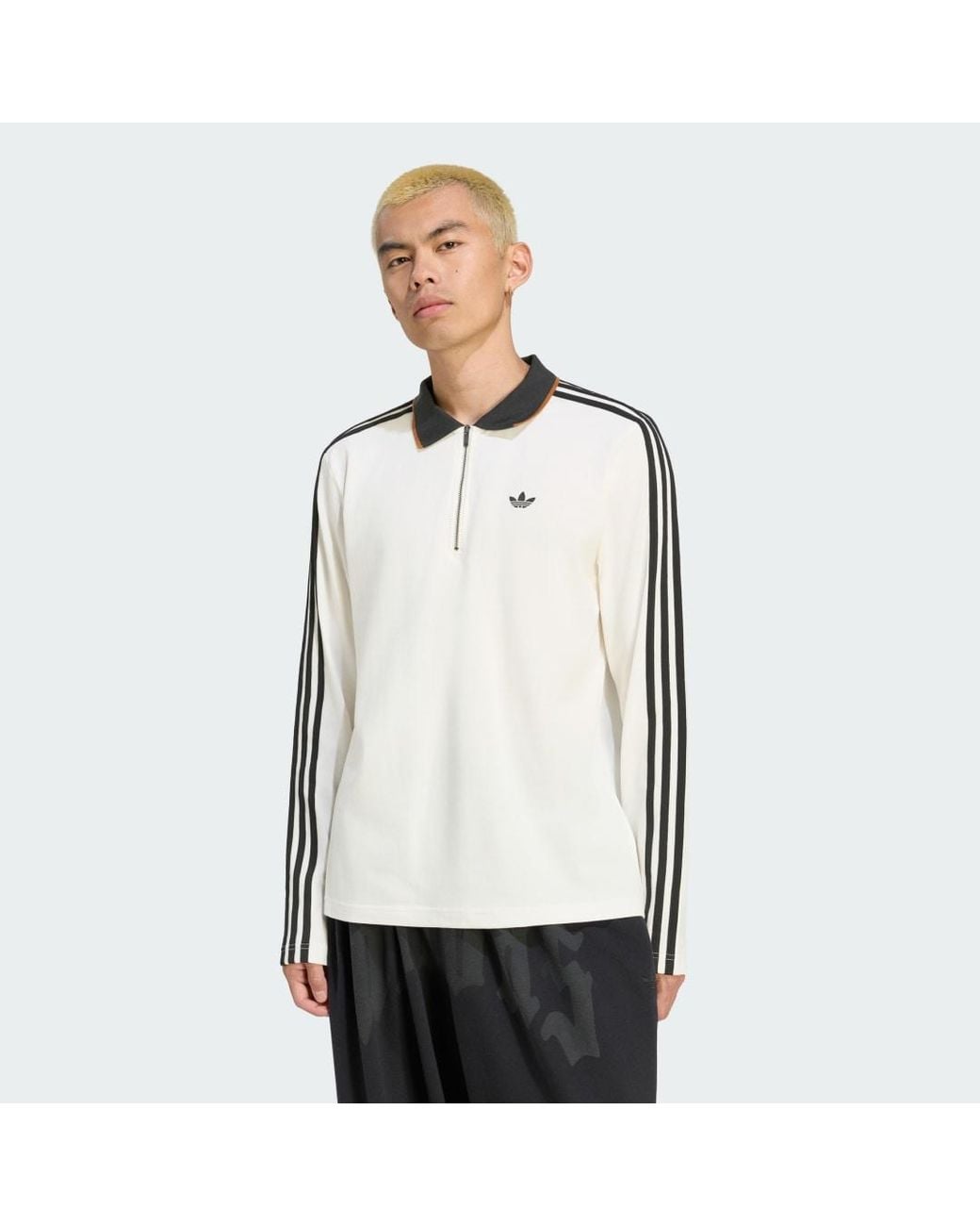 Adidas White 3 Stripes Engineered Rib Long Sleeve Polo Shirt for men