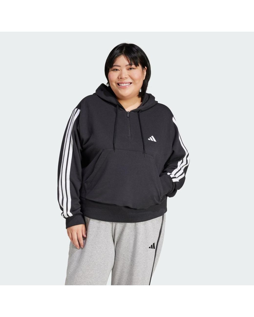 Adidas Originals Black Essentials 3-Stripes French Terry Quarter-Zip Hoodie (Plus Size)