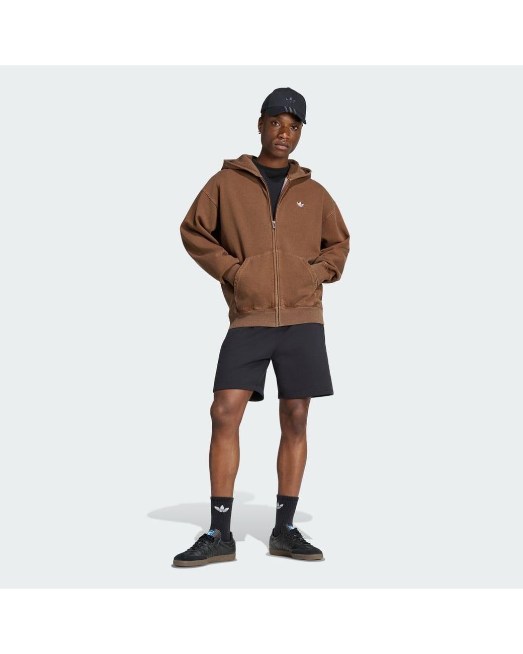 Adidas Originals Brown Trefoil Essentials Washed Full Zip Loose Hoodie for men