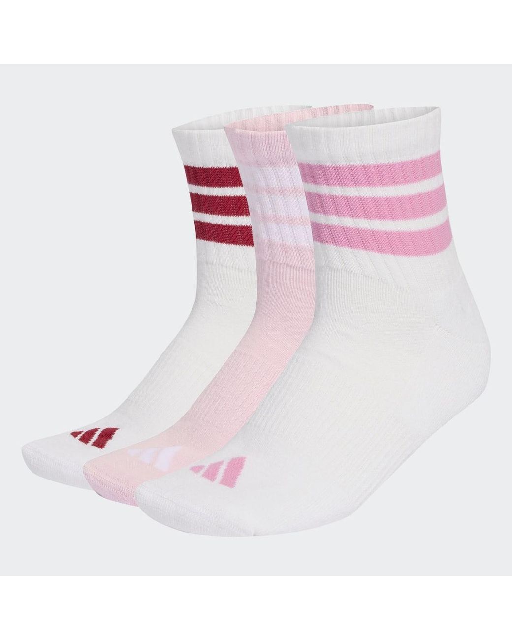 Adidas Pink 3 Stripes Cushioned Sportswear Mid Cut Socks 3 Pair Pack