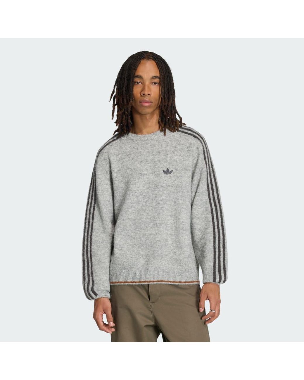 Adidas Gray Sweater Adidas 3-Stripes Fluffy Knit Crew Sweatshirt for men