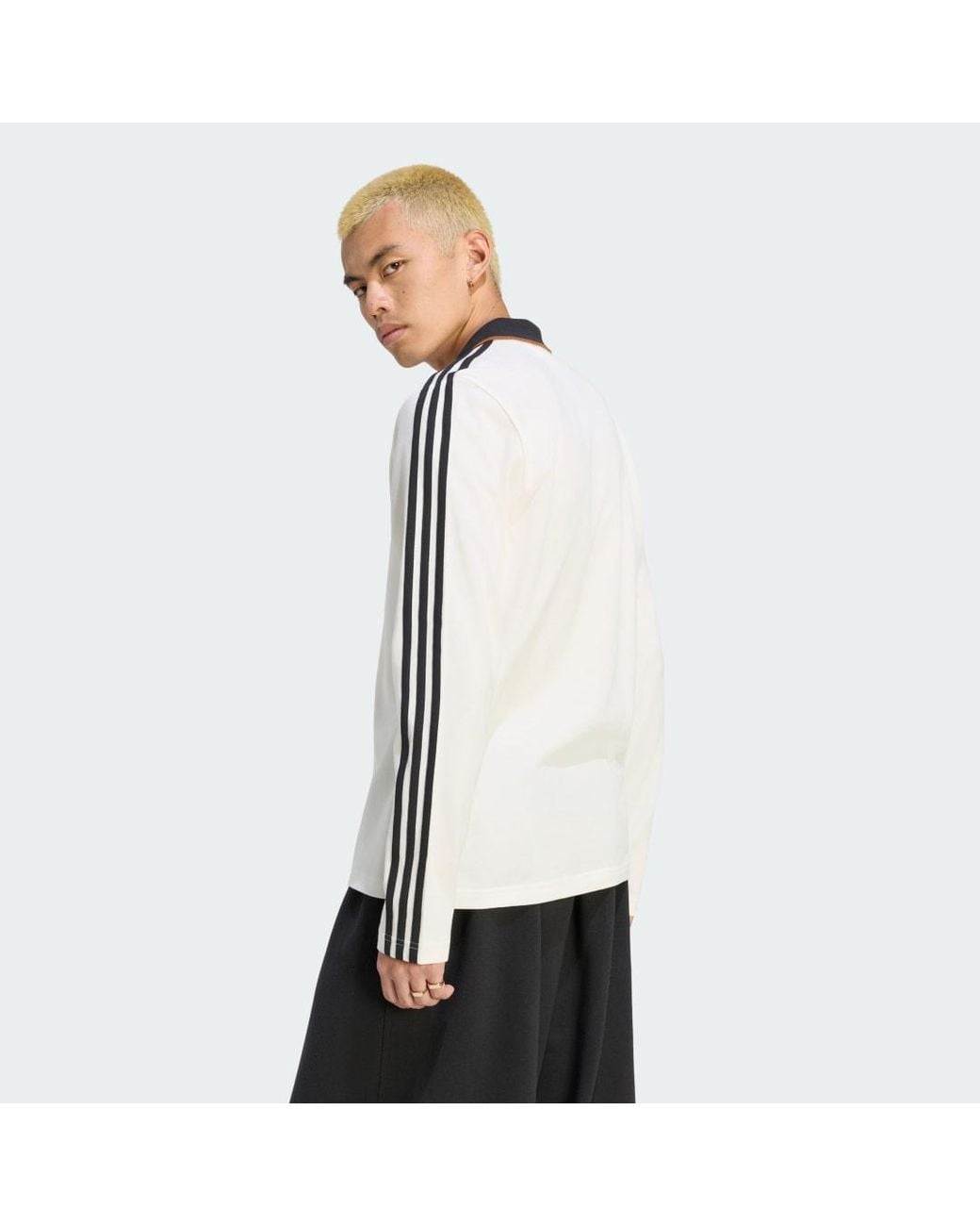 Adidas White 3 Stripes Engineered Rib Long Sleeve Polo Shirt for men