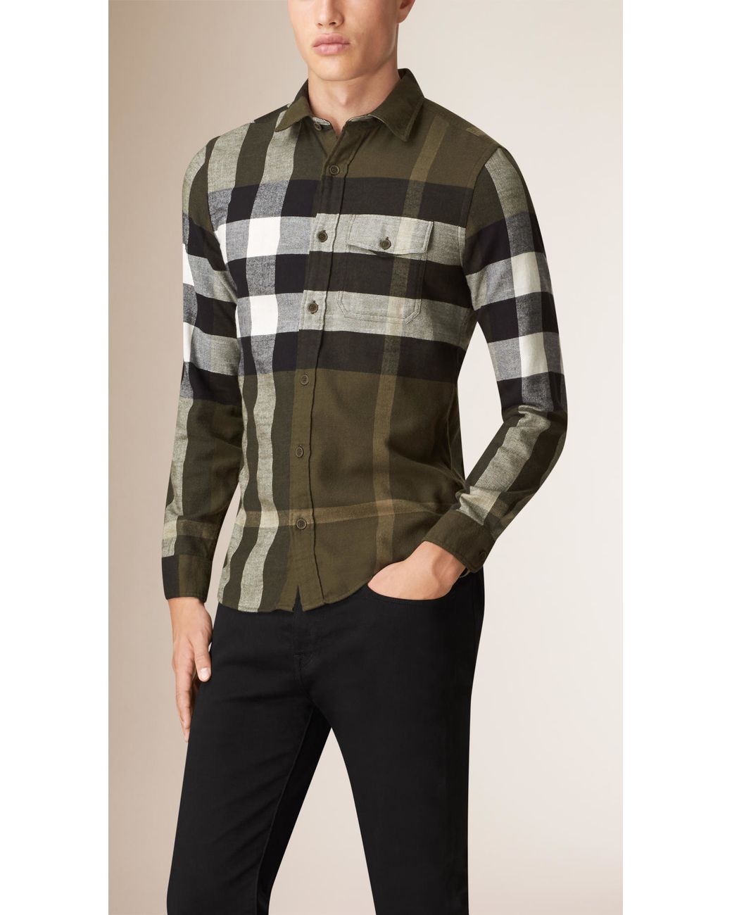 Burberry Exploded Check Cotton Flannel Shirt Olive Green for Men | Lyst
