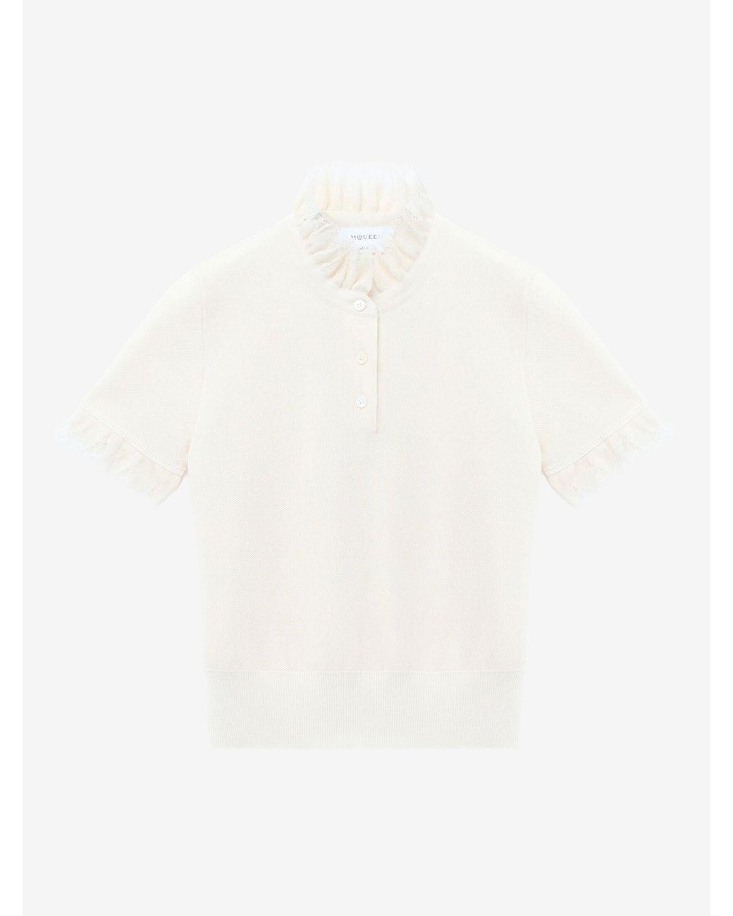 McQueen White Distressed Ruffle Knit Top