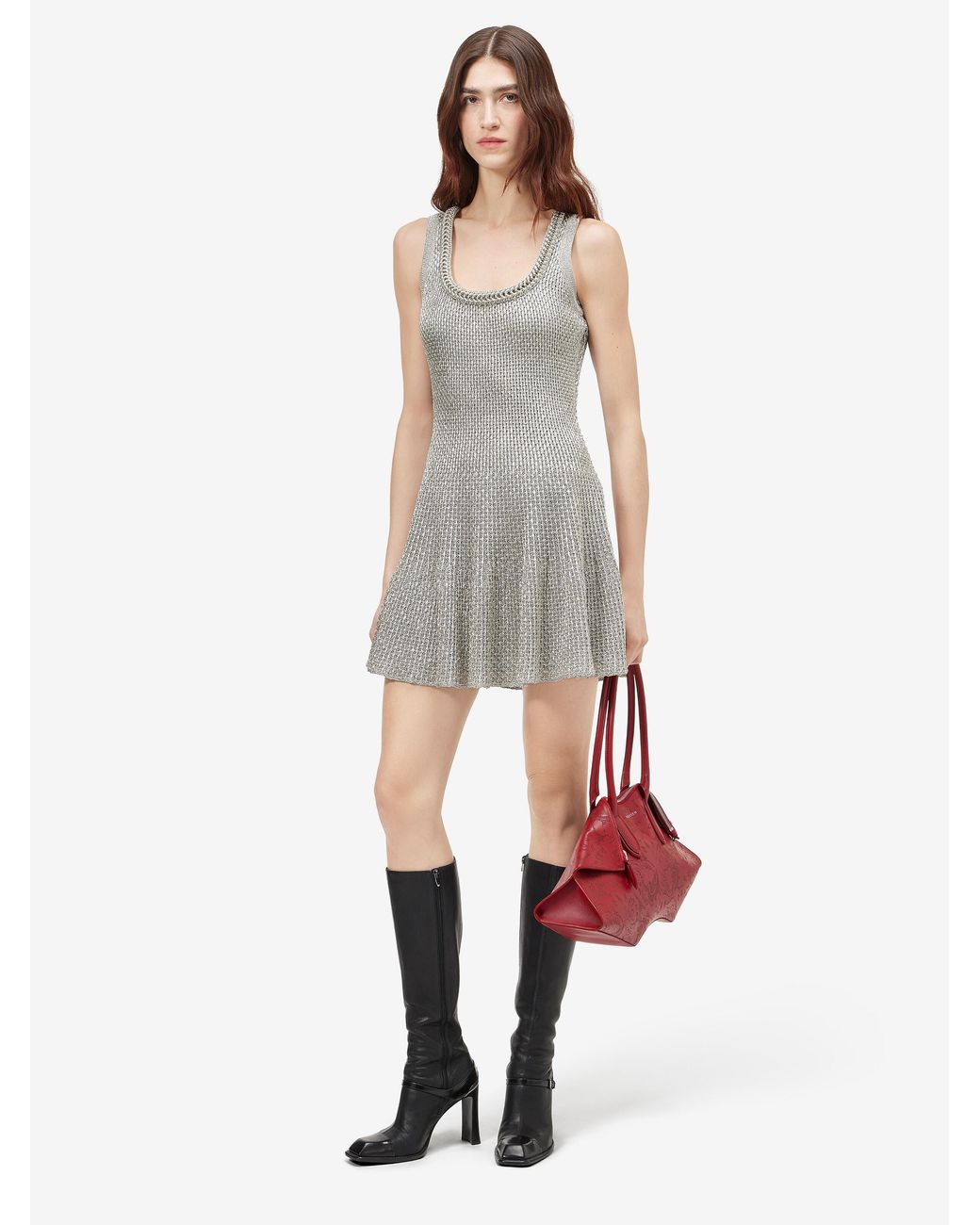 McQueen Gray Metallic Knit Mini Dress
