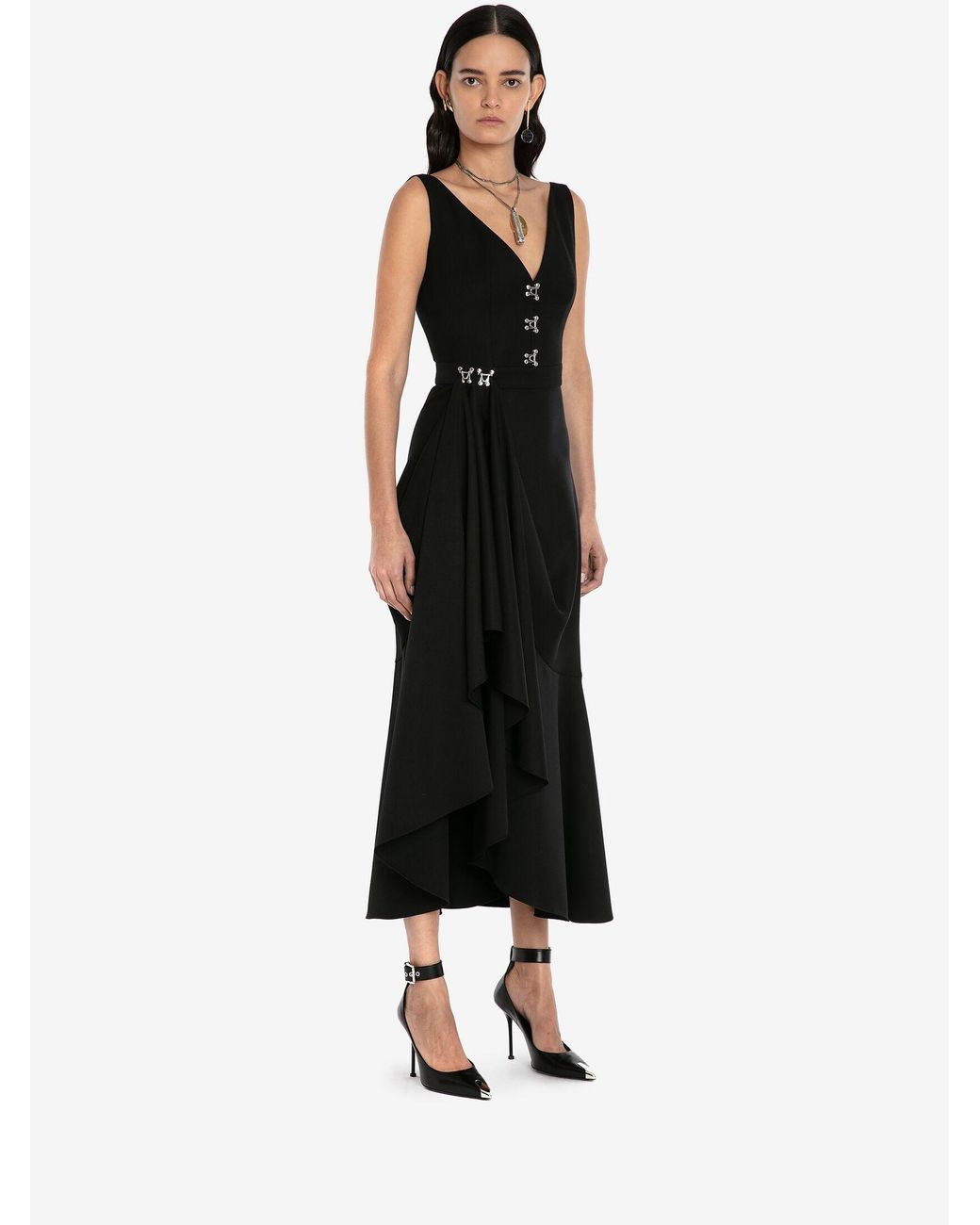 Alexander McQueen Wool Asymmetric Drape Midi Dress in Black | Lyst