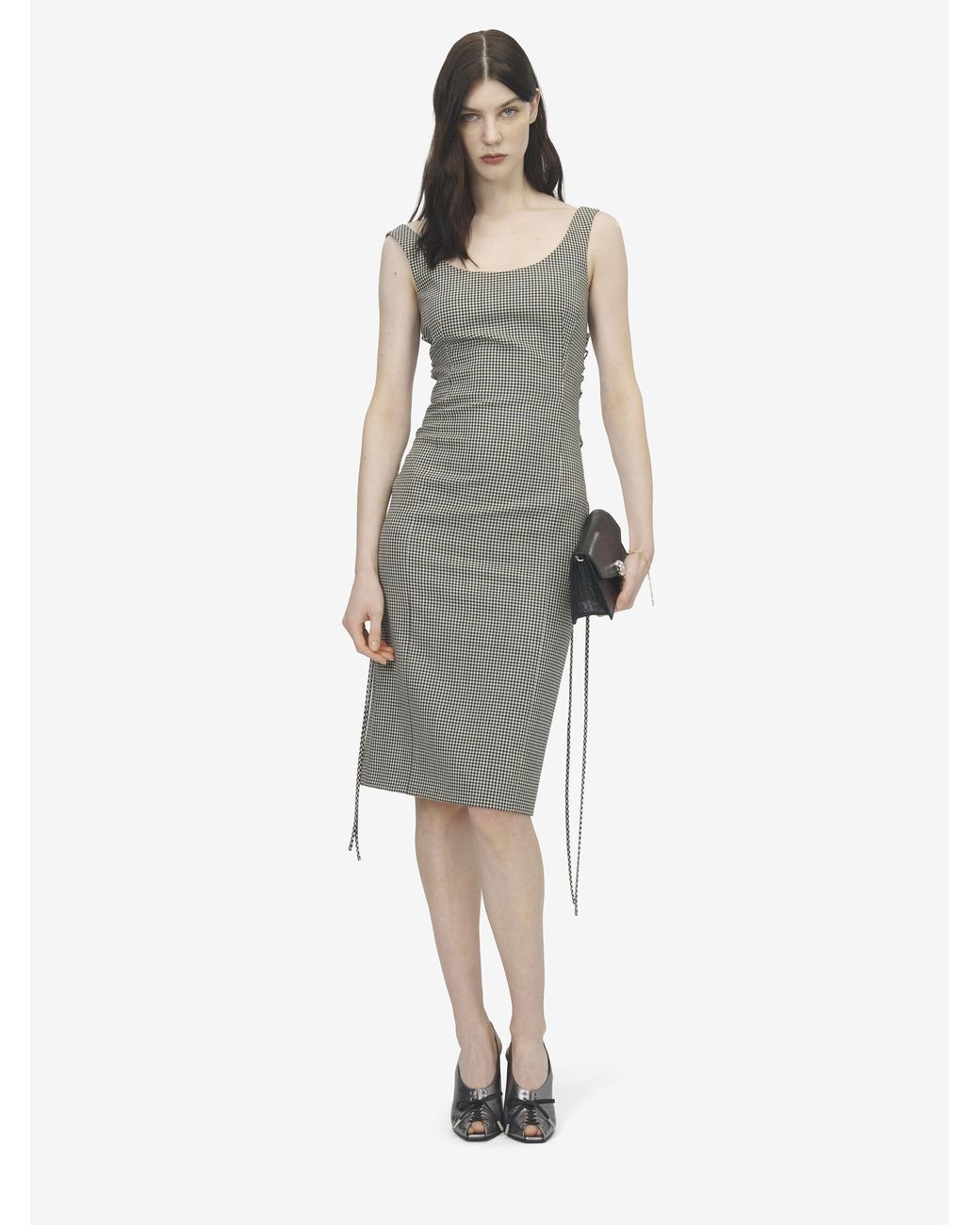McQueen Gray Corset Lace Gingham Check Pencil Dress