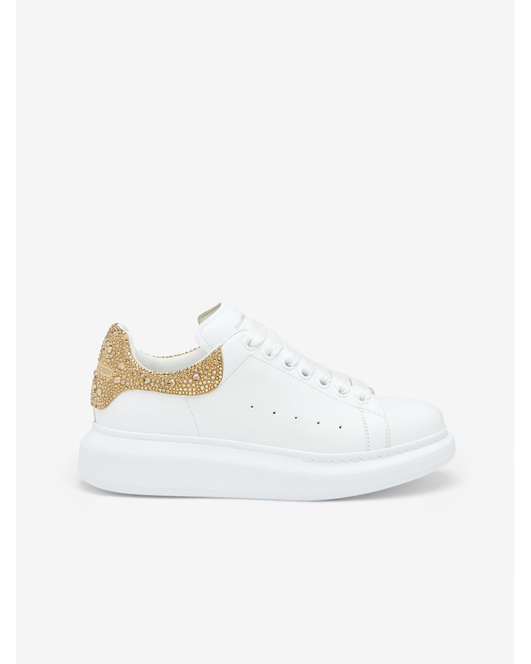 McQueen White Leather Sneakers With Embellished Suede Heel