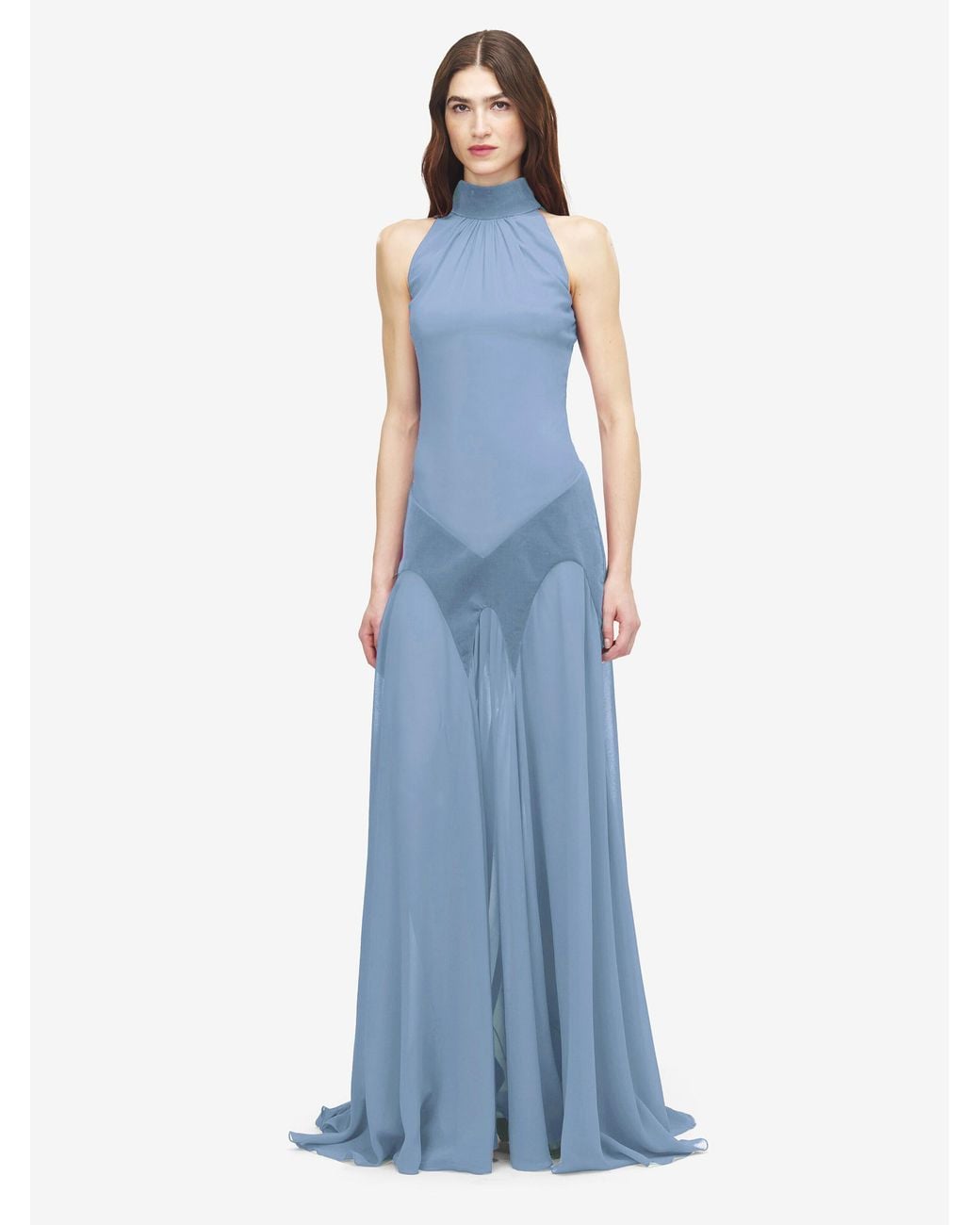 McQueen Blue Silk Georgette Halter Evening Dress