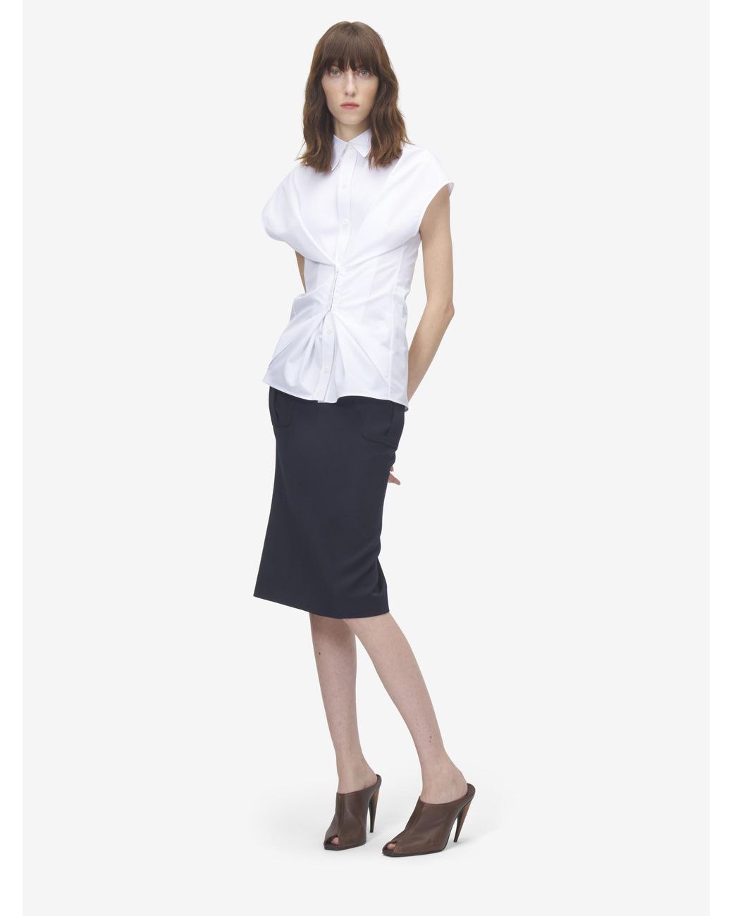 McQueen White Gathered Short-Sleeved Shirt