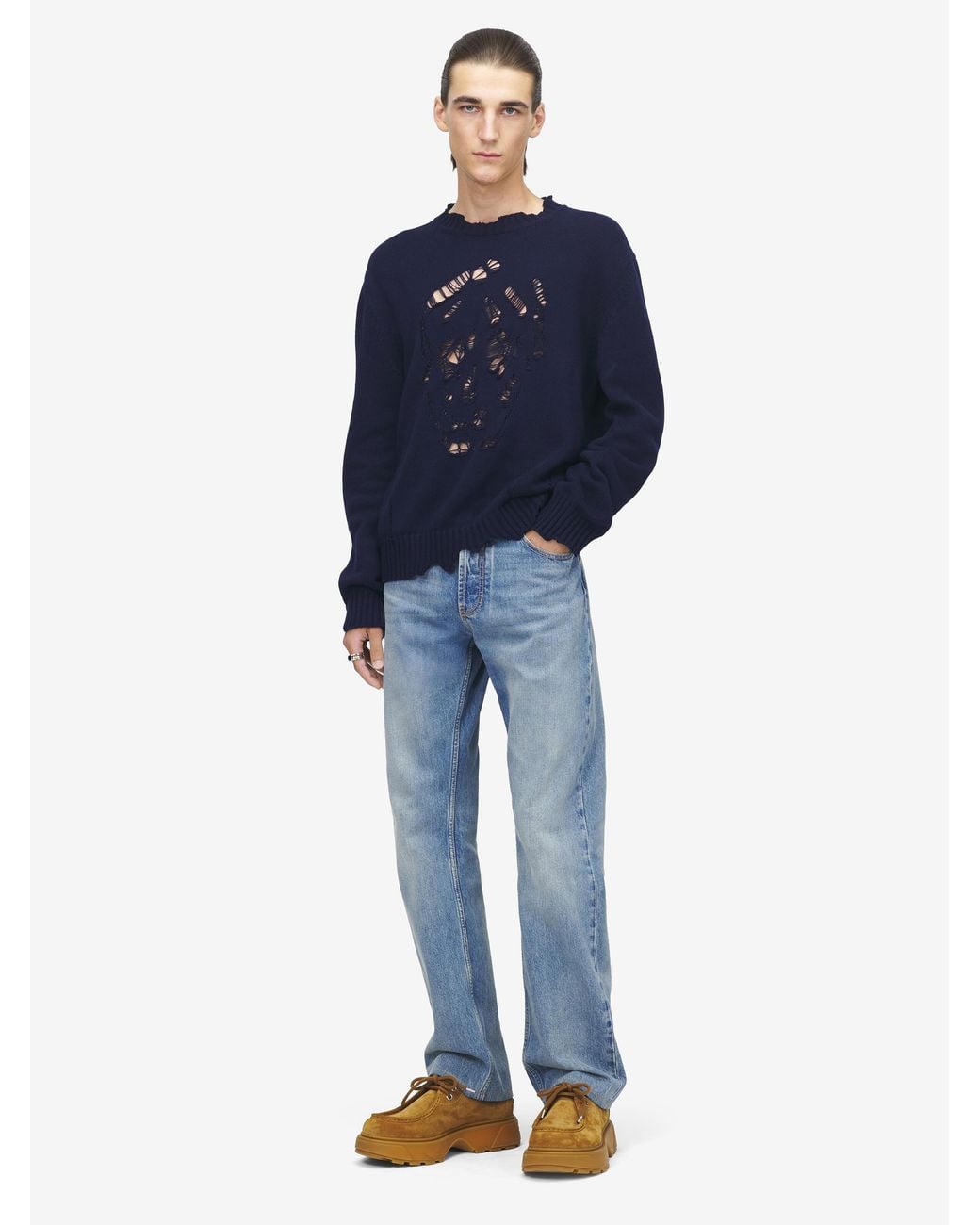 McQueen Blue Distressed Skull Jumper for men