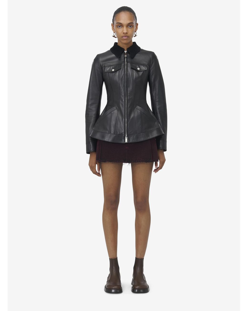 McQueen Black Peplum Corduroy-Trimmed Leather Jacket