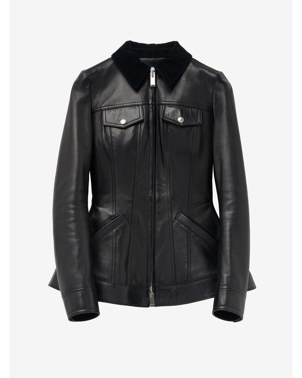 McQueen Black Peplum Corduroy-Trimmed Leather Jacket