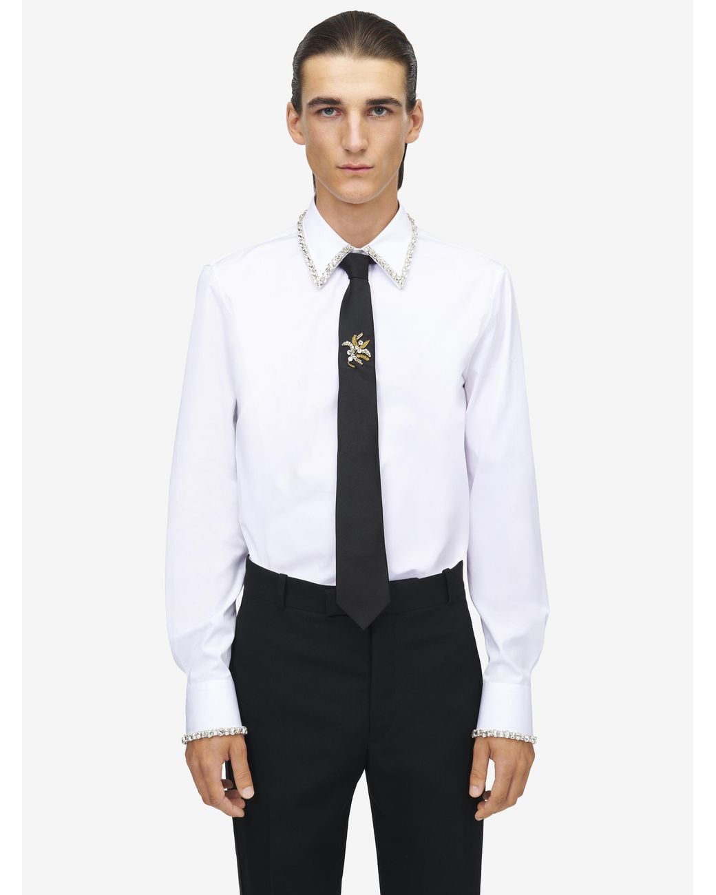 McQueen White Jewelled Mistletoe Embroidery Tie for men