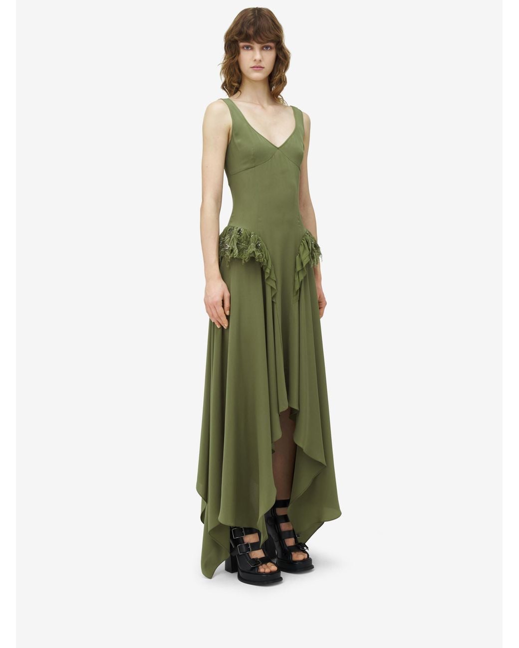 alexander mcqueen green dress Silk Asymmetric Midi in Corset Back