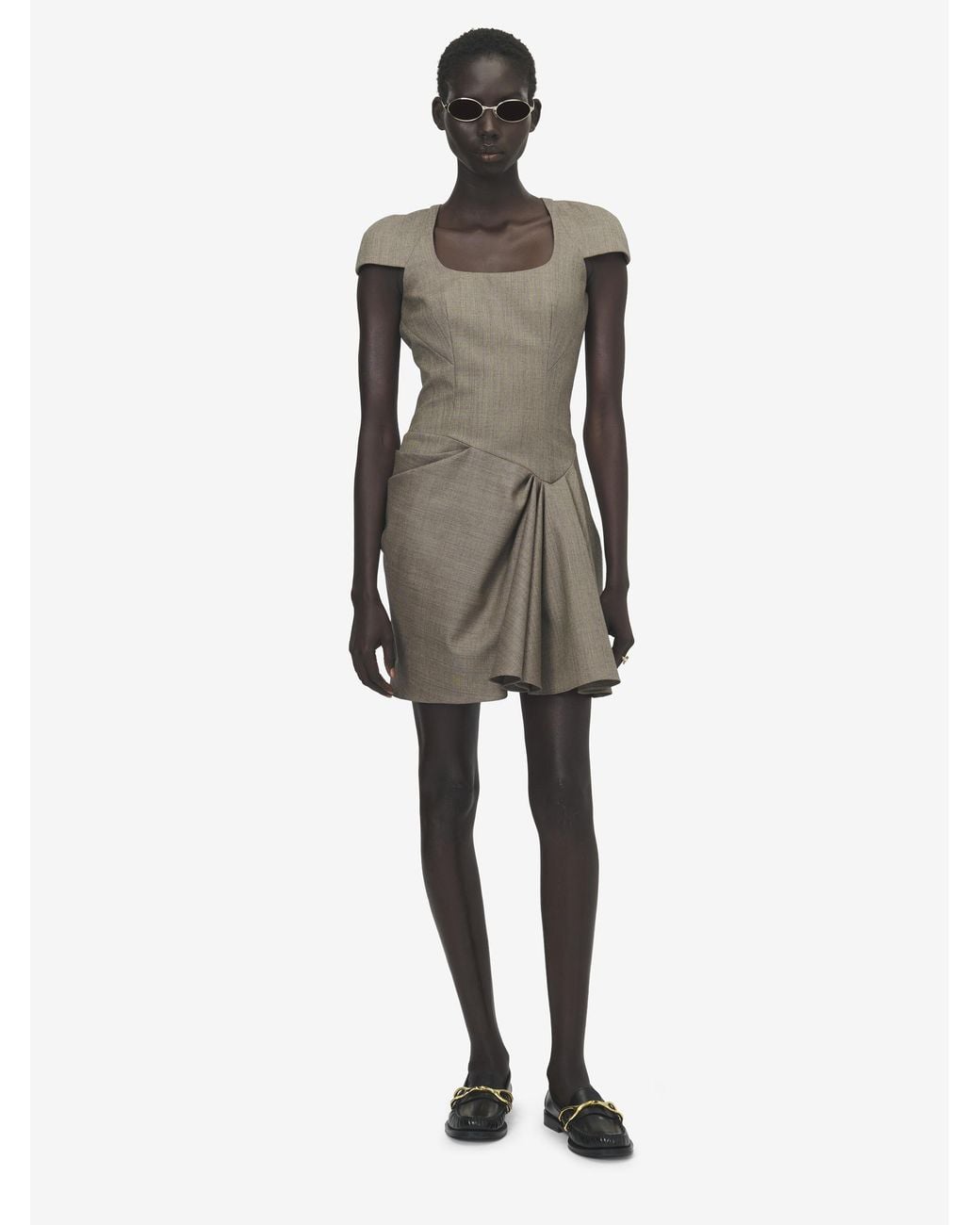 McQueen Gray Asymmetric Gathered Mini Dress