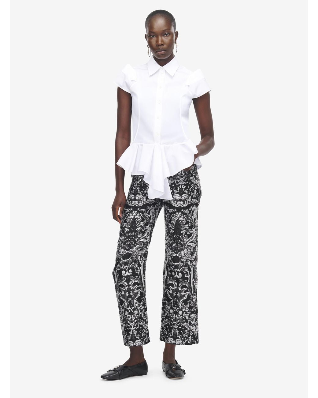 McQueen White Draped Peplum Short-Sleeved Shirt