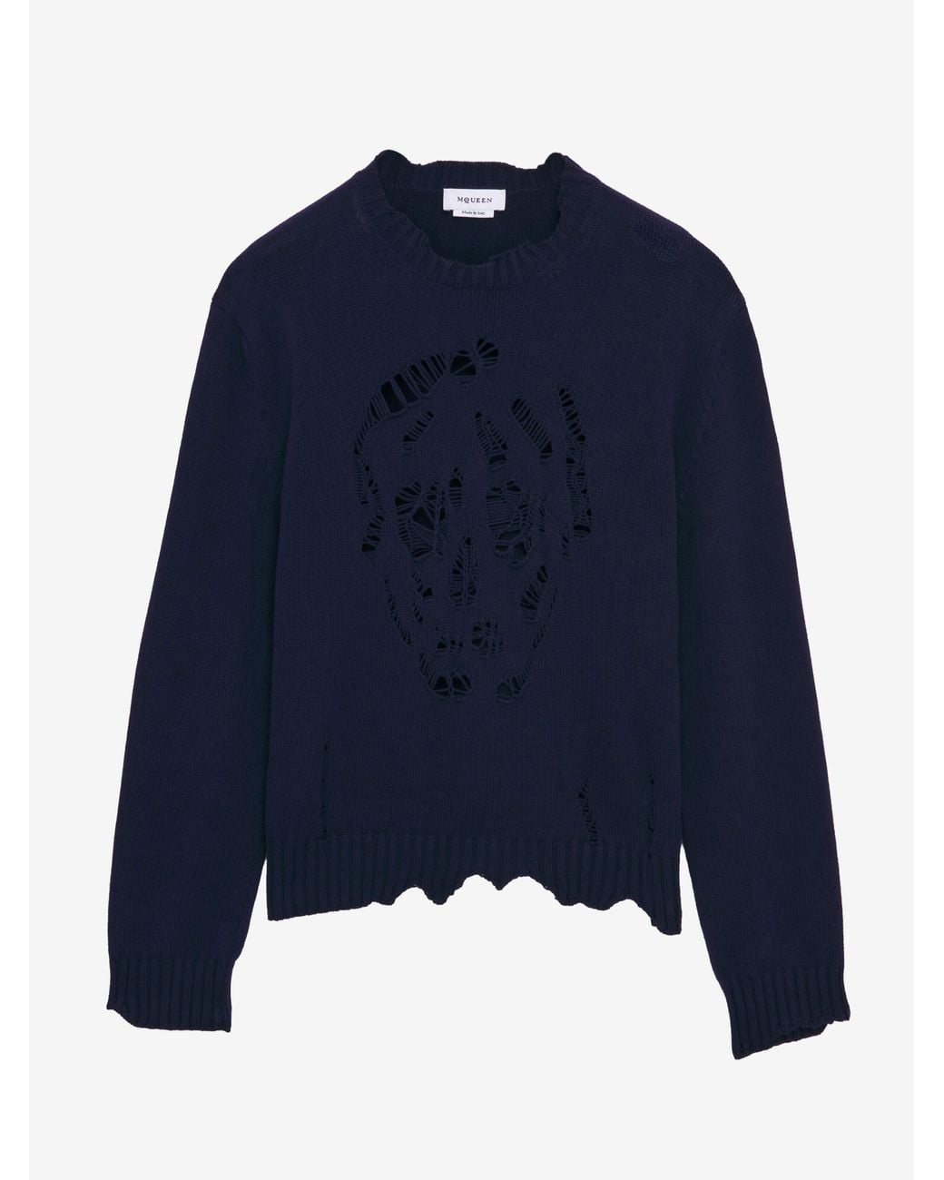 McQueen Blue Distressed Skull Jumper for men
